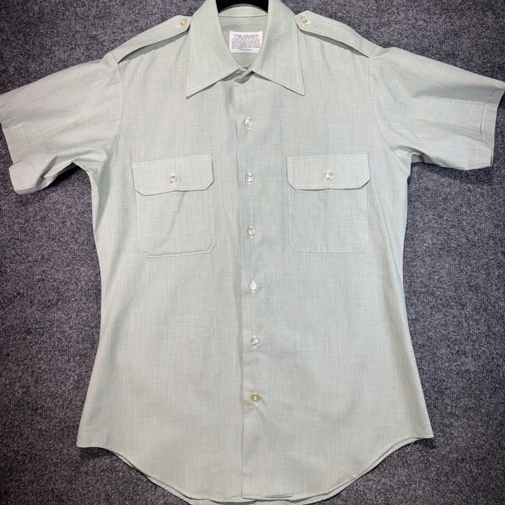 Van Heusen Military Uniform Shirt Mens 15.5 Green Epaulets Vintage USA Made 80's